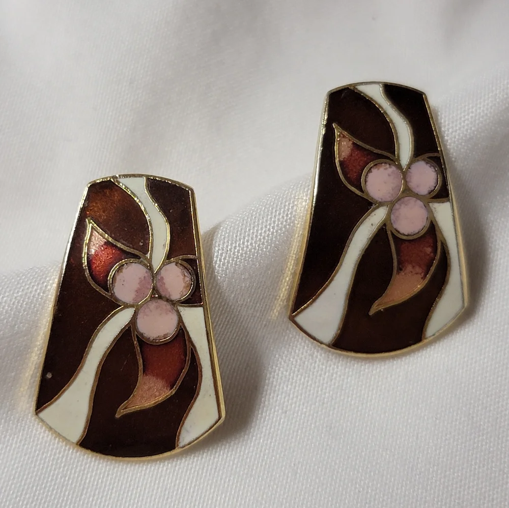 Vintage Cloisonné Earrings Flower Design